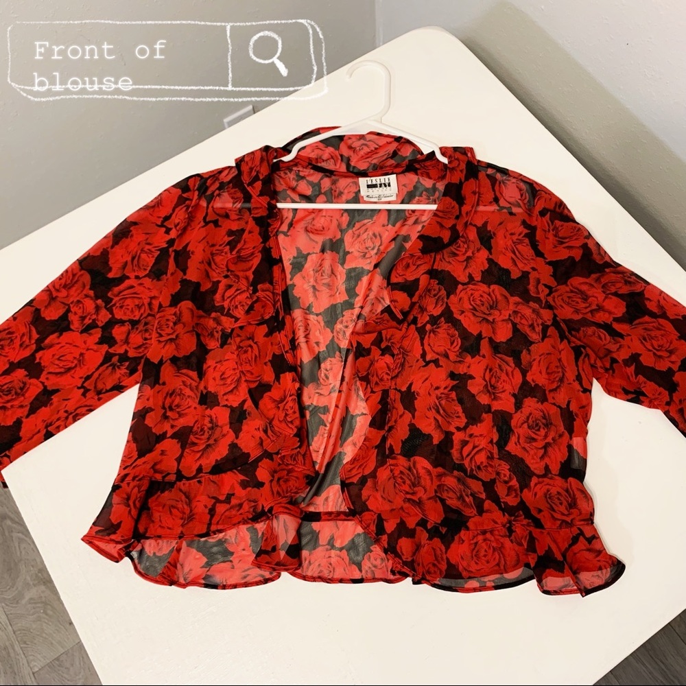 Leslie Fay sheer blouse. Black and red floral design.